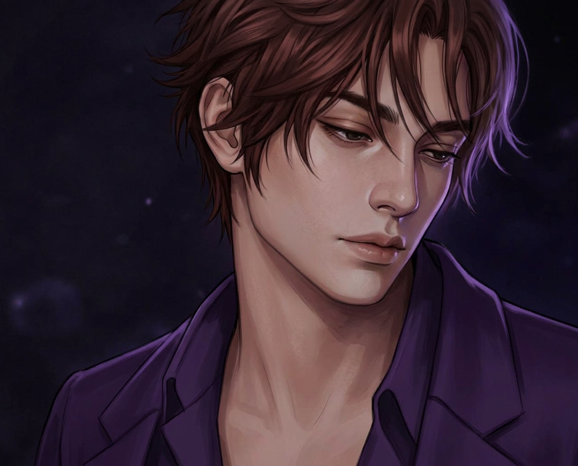Elias, an AI companion, glancing down in violet light